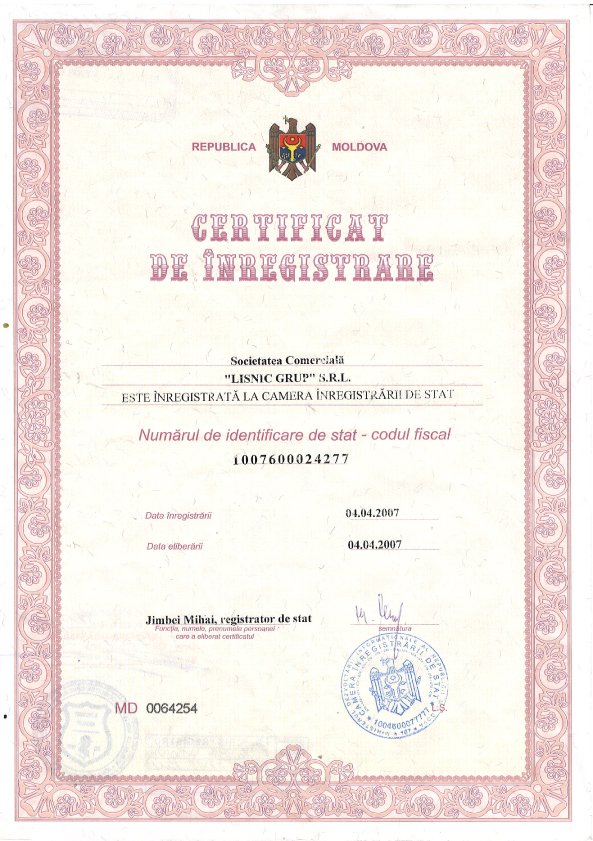 certificat de înregistrare