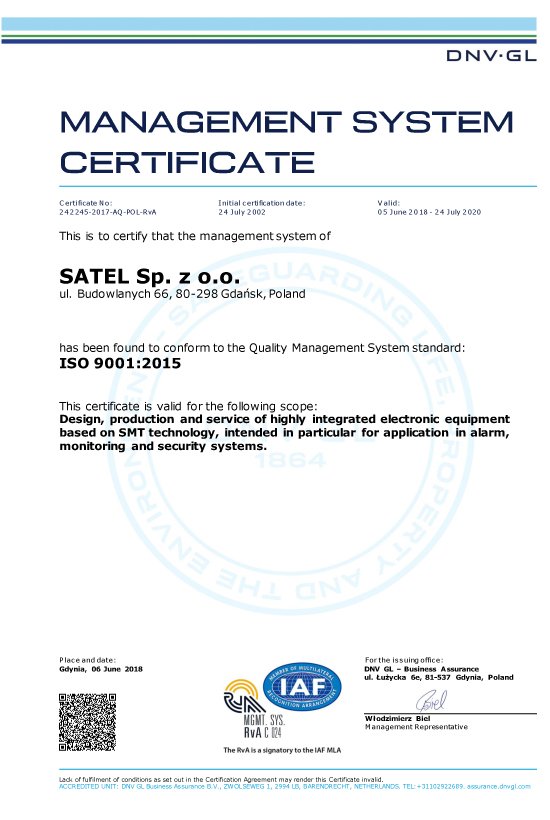 certificat Satel Sp. z o.o.